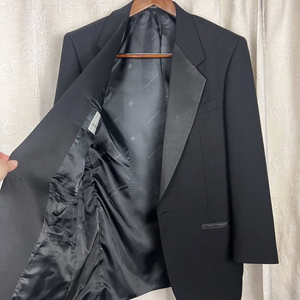 Pierre Balmain 40L tuxedo suit jacket wool 1-button blazer satin lapels formal